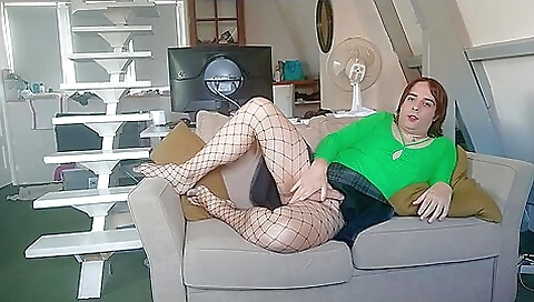 French redhead solo porn video with a sexy red dress