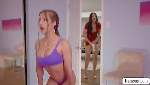 Big tits brunette lady is fucking a man on the shower