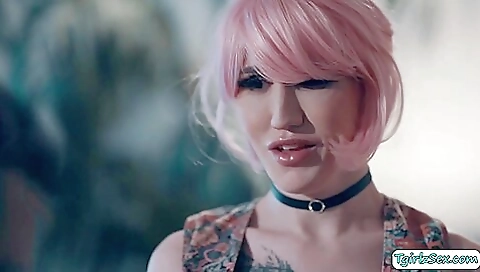 Skinny shemale with a big ass and a tattooed pussy gets fucked