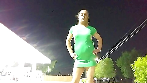 Transvestite brunette in the park shows off her body