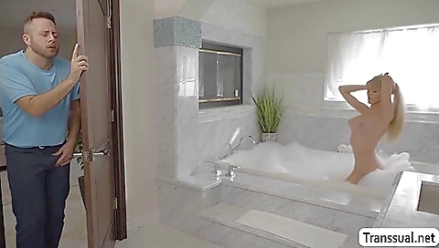 Blonde friend sucks his big cock and gets it deep throat