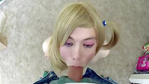 Busty blonde Shemale fucked by huge guy in pov video