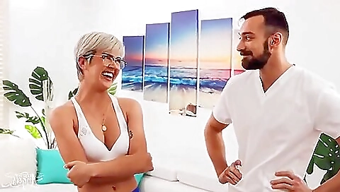 Busty brunette with nice tits rides her husband's cock